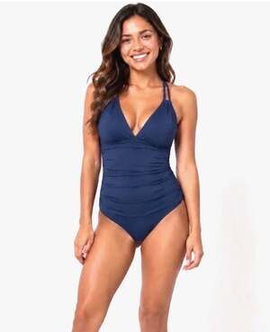 New Jantzen Tummy Control V-Neck One-Piece Swimsuit in Pantheon Blue, Size 12